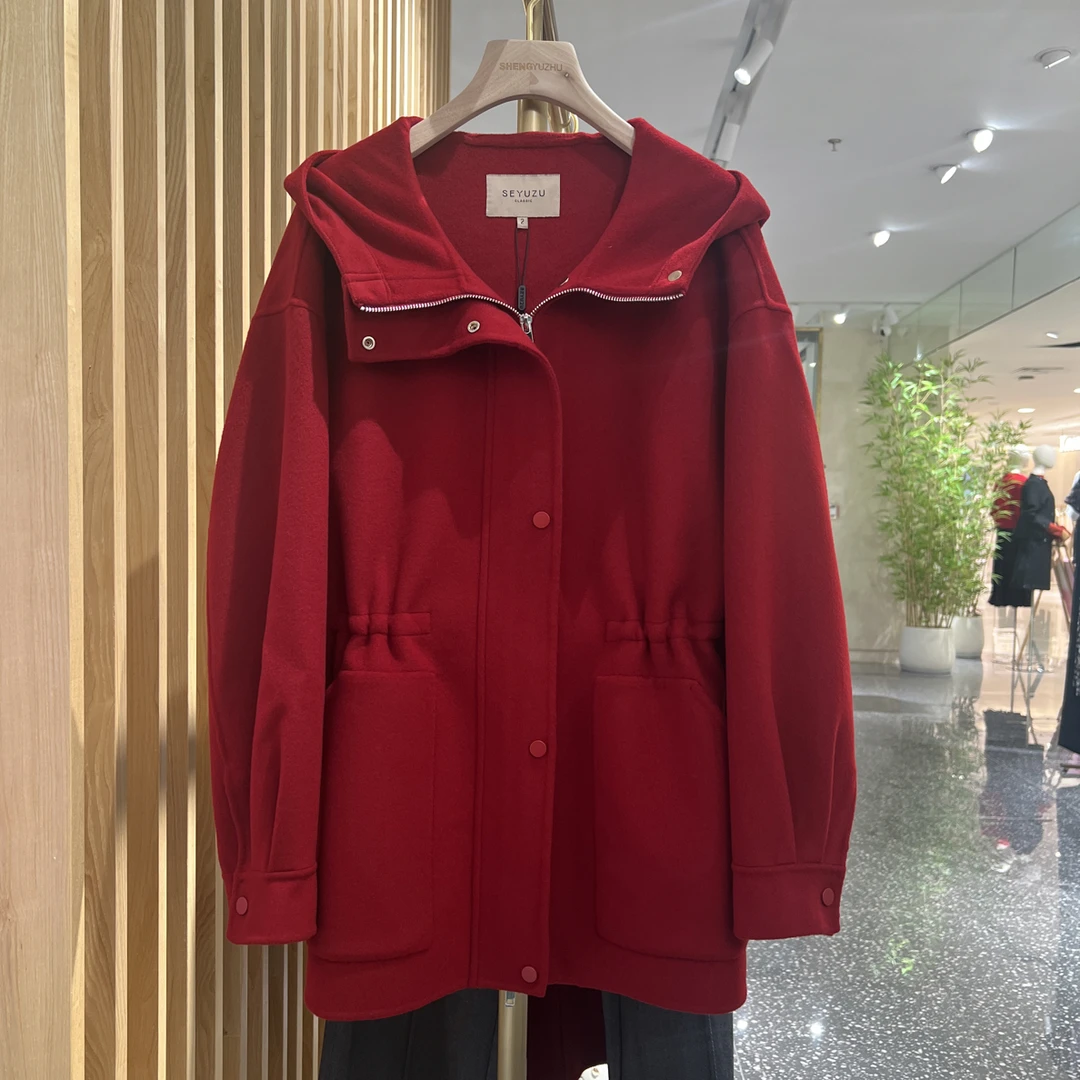 声雨竹1R439连帽收腰抽绳双面呢短大衣冬季时尚保暖气质上衣红色