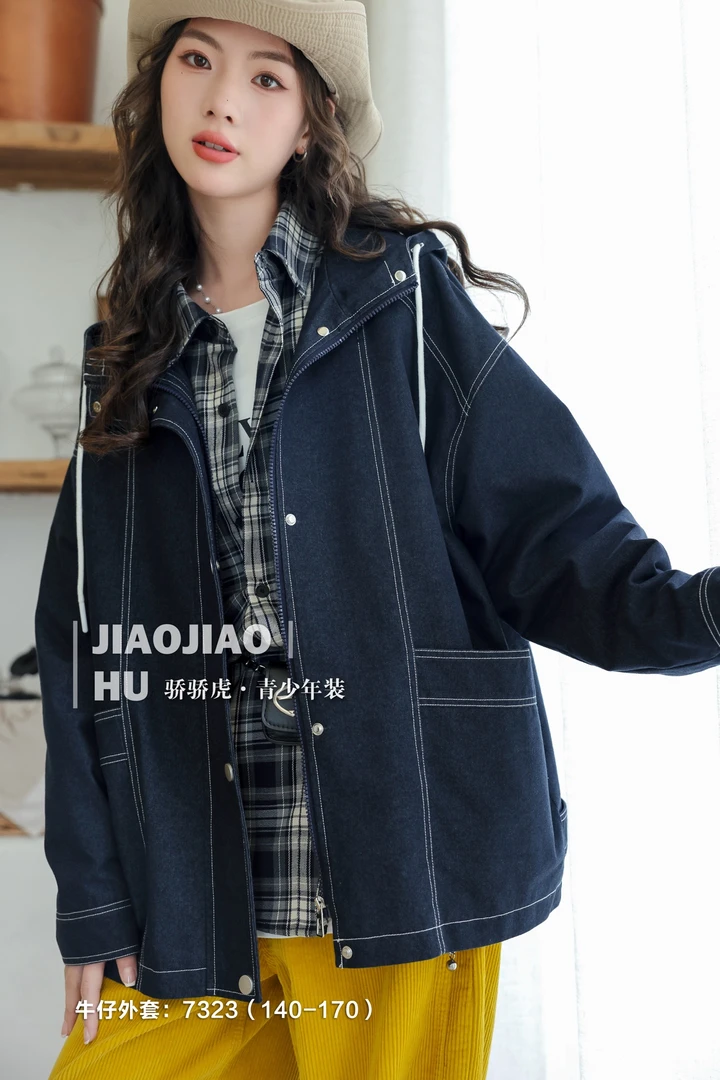 休闲风落肩袖女秋季连帽常规风衣时尚休闲牛仔韩版