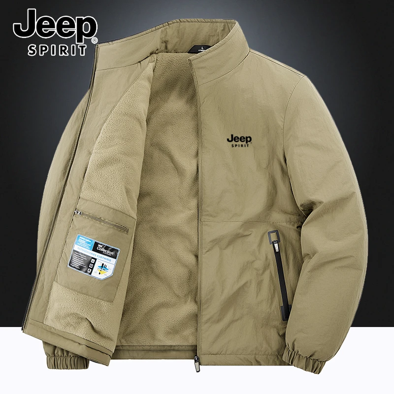 Jeep吉普加绒夹克外套秋冬季休闲大码宽松男大码立领户外冲锋上衣