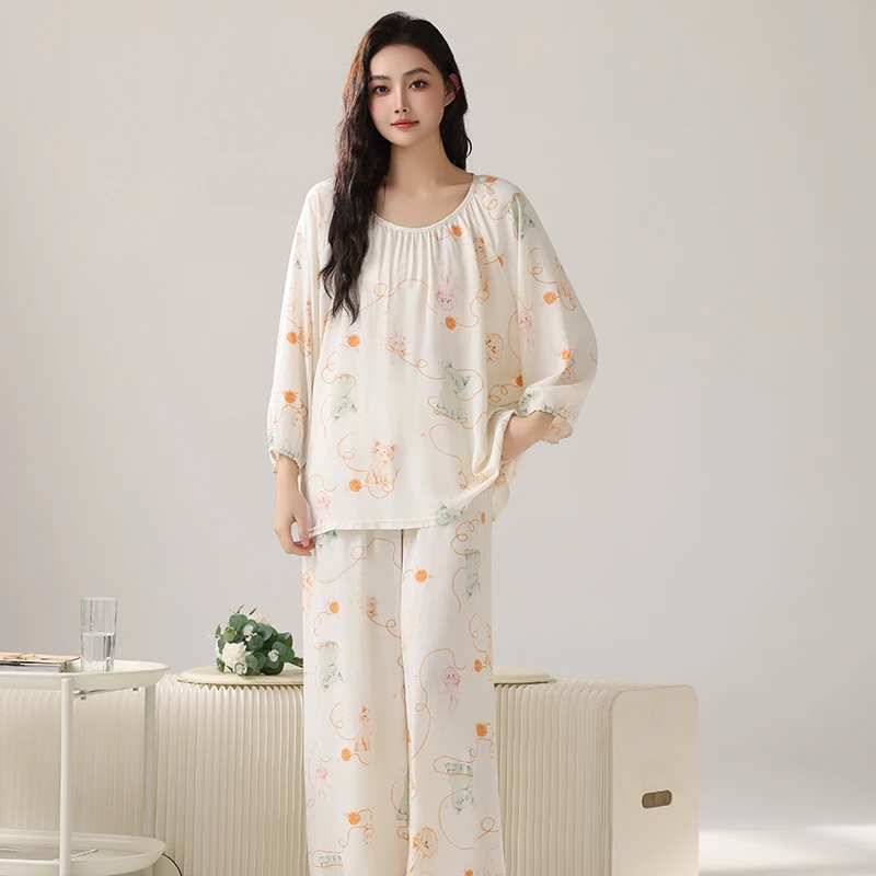 时尚舒适睡衣女夏季棉绸薄款短袖九分裤休闲家居服可外穿大码套装