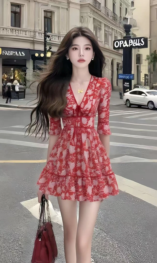 小个子温柔知性风红色碎花V领修身短袖收腰连衣裙女显瘦时尚短裙