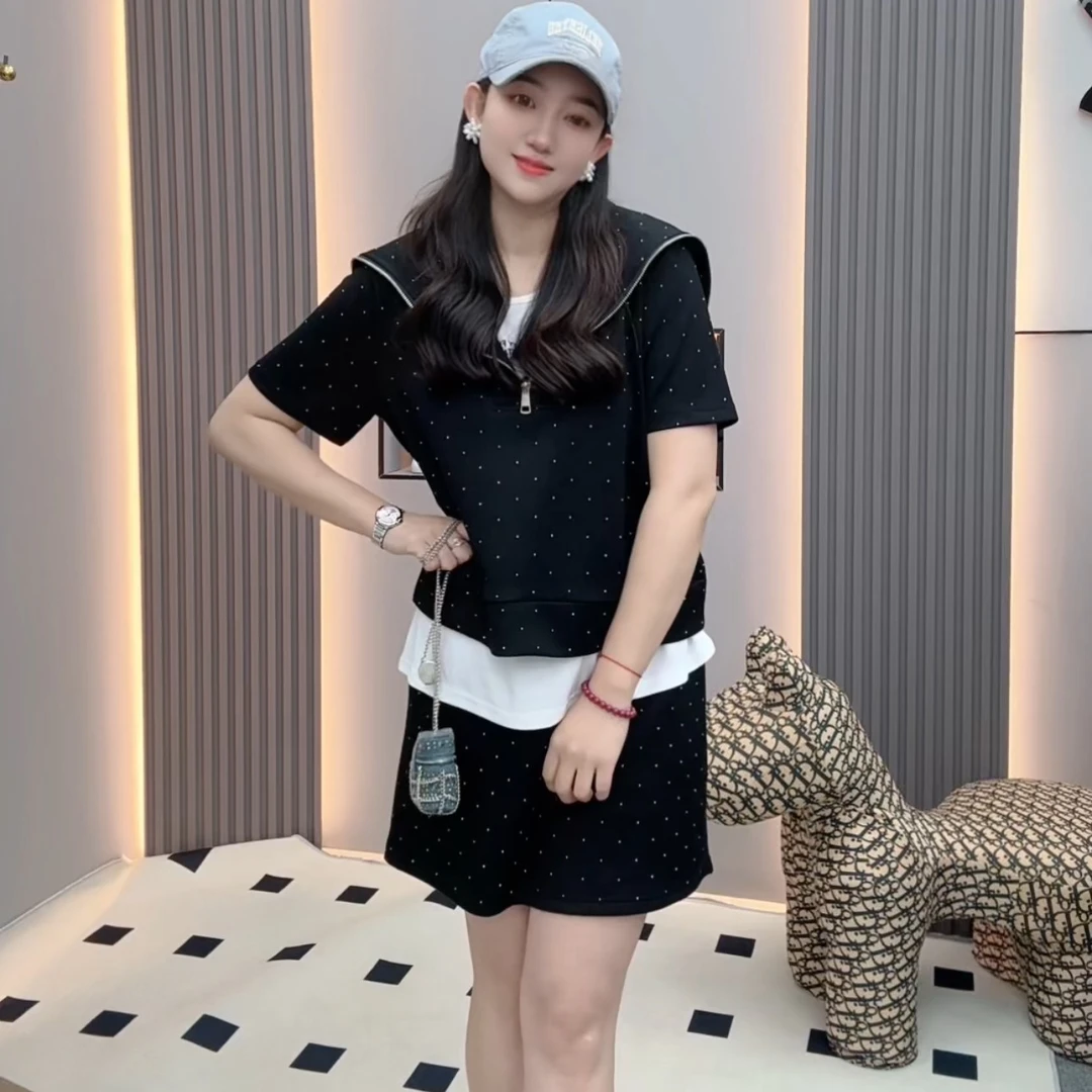 【欧若风】夏季新品减龄显瘦海军上衣半身裙两件甜美可爱风格衣服