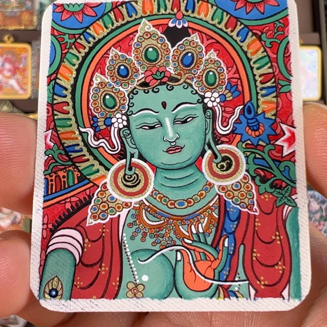 二***两吊坠绿度母唐卡绘画作品