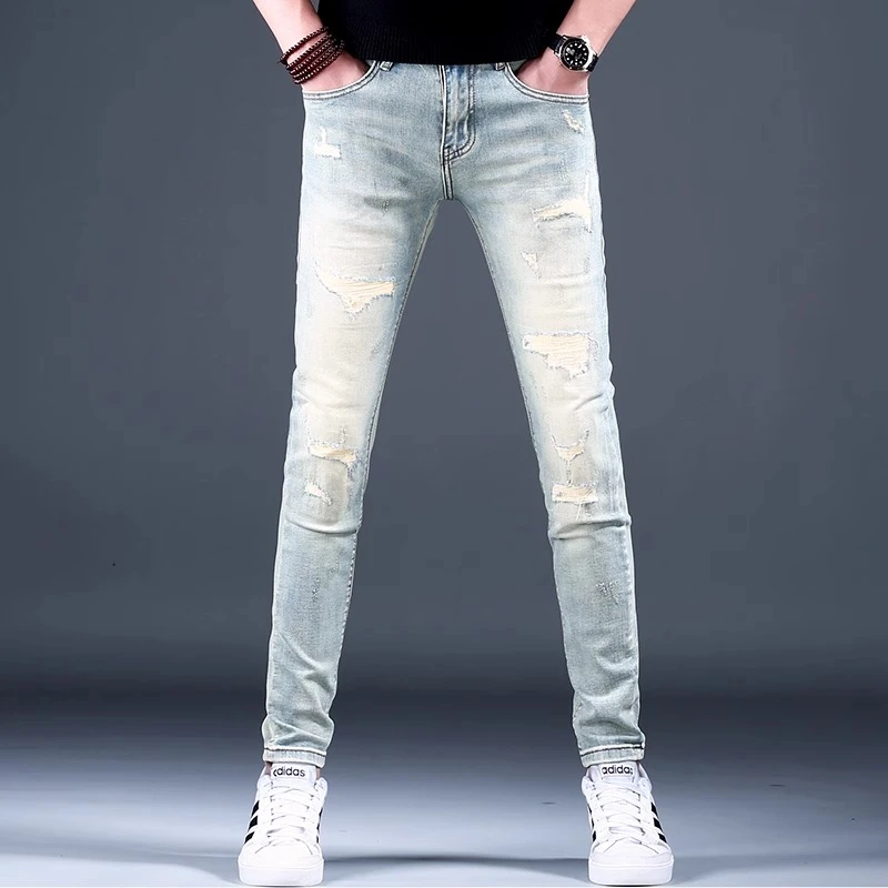 罗尔基那斯春夏季潮牌破洞补丁牛仔裤男潮流个性水洗弹力修身长裤