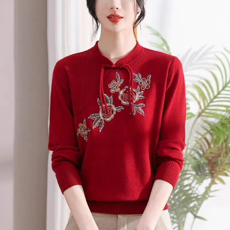 秋季新中式针织小衫洋气旗袍领绣花上衣中年女时尚毛衣打底