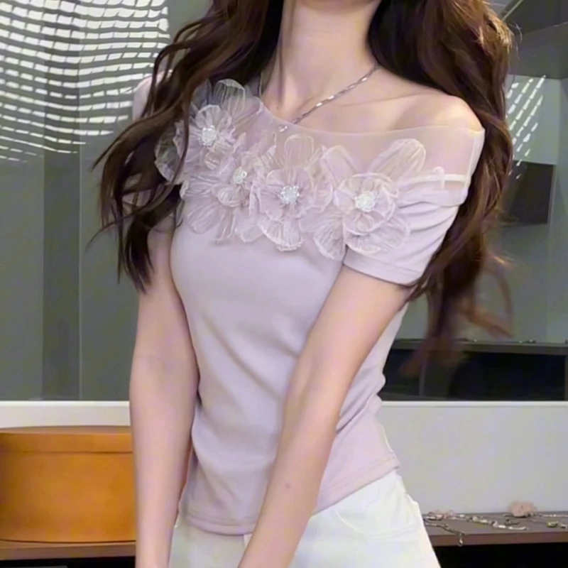 【夏季上新】时尚露肩拼接花朵不规则设计感收腰显瘦短袖紫色上衣