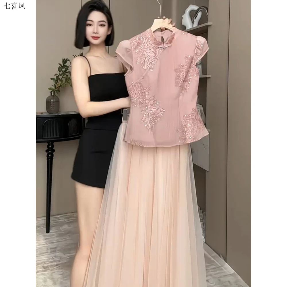 时尚新款修身中式刺绣上衣搭配半身纱裙女夏季两件套中国制造套装