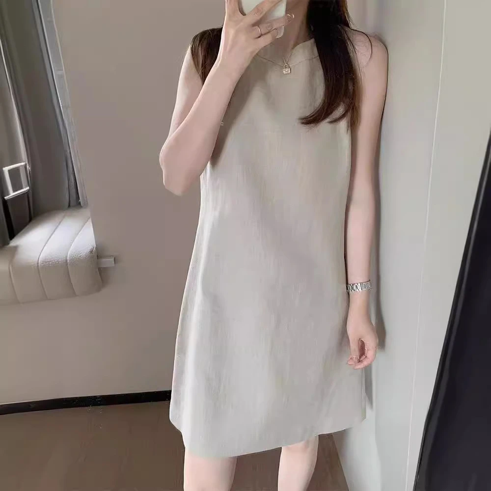 夏季新款灰色无袖背心连衣裙女纯色时尚显瘦减龄小个子百搭通勤风