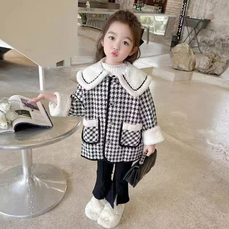 S155女小童秋冬季新款洋气时尚小女孩韩版休闲百搭千鸟格风衣外套