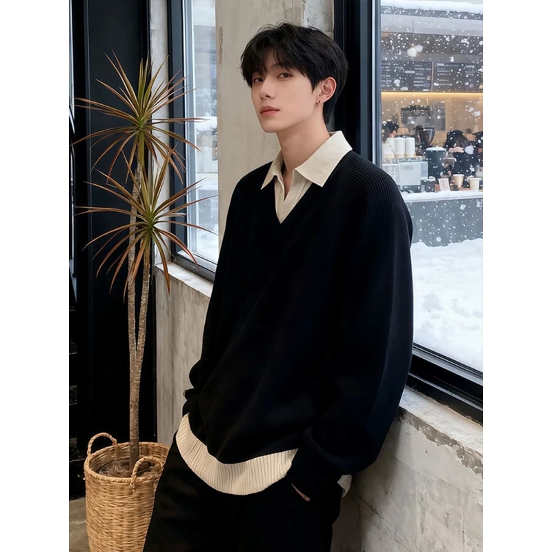 黑色假两件polo领毛衣男款秋冬季韩系慵懒风翻领针织衫内搭打底衫