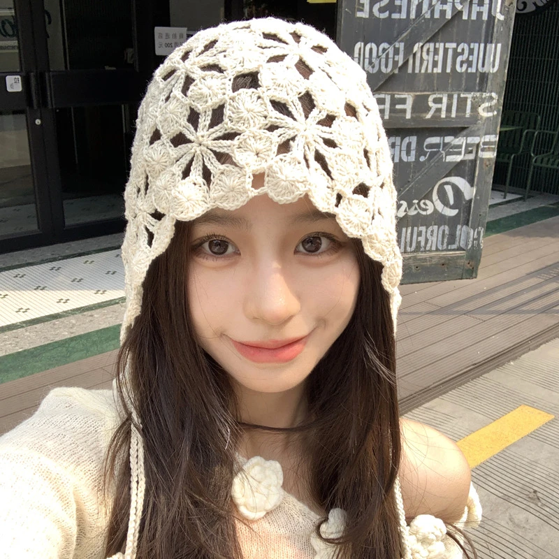 繁星！春秋季棉线针织包头帽白色女大头围优雅休闲出游百搭套头帽