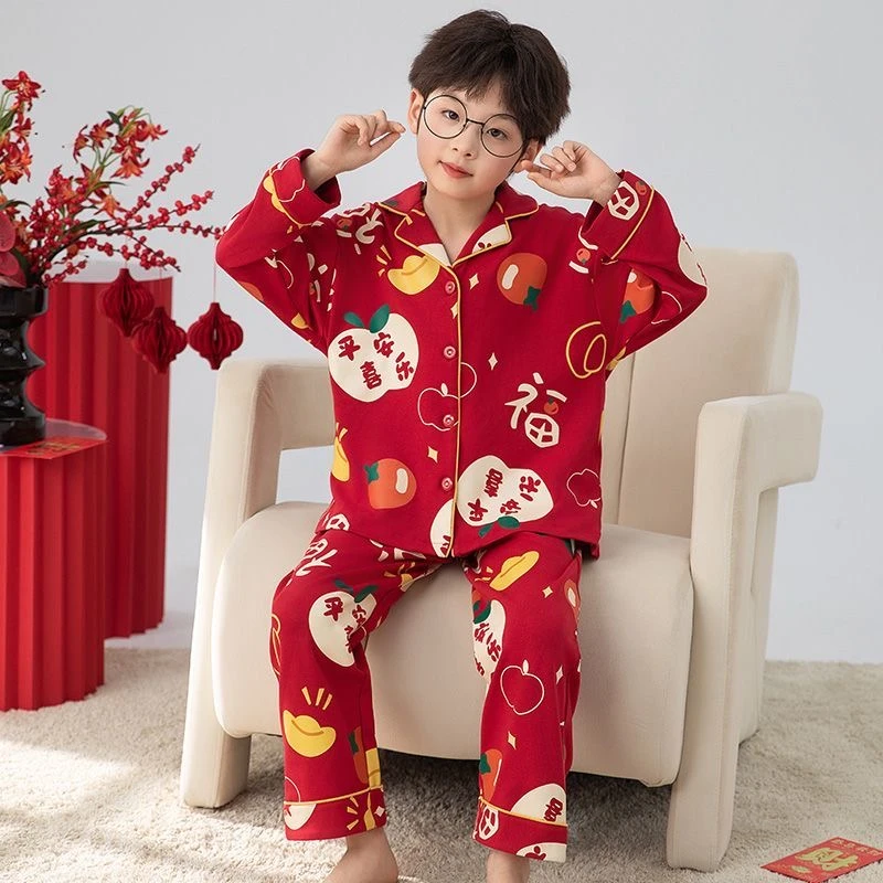 男童红色睡衣长袖儿童春秋季青少年本命年中大童新年小孩子家居服