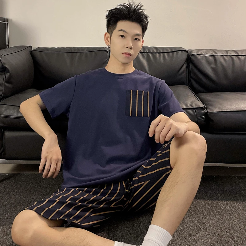夏季条纹男士短袖睡衣套装家居服薄款夏天大码可外穿学生休闲运动