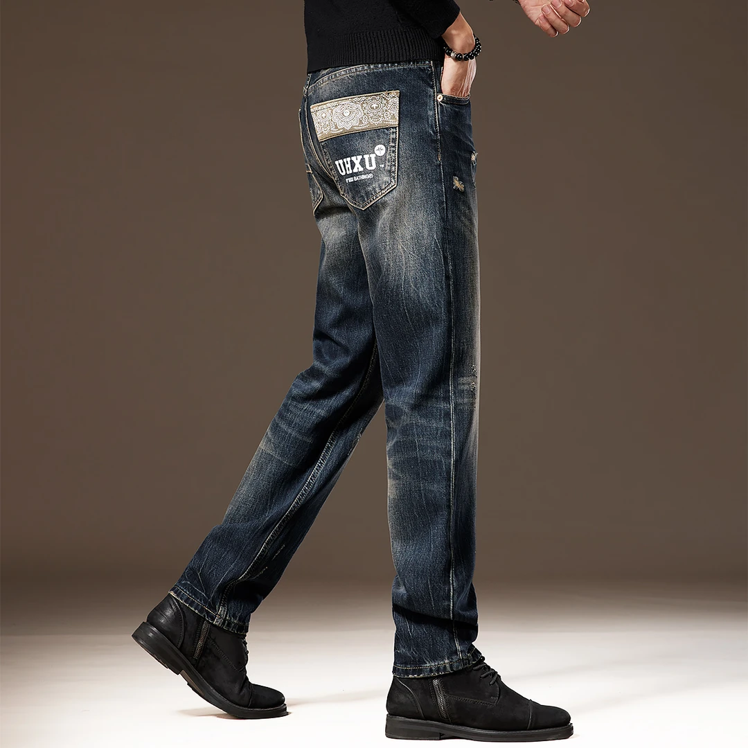 哈曼勒拿高端美式复古印花牛仔裤男秋季修身直筒经典休闲长裤子