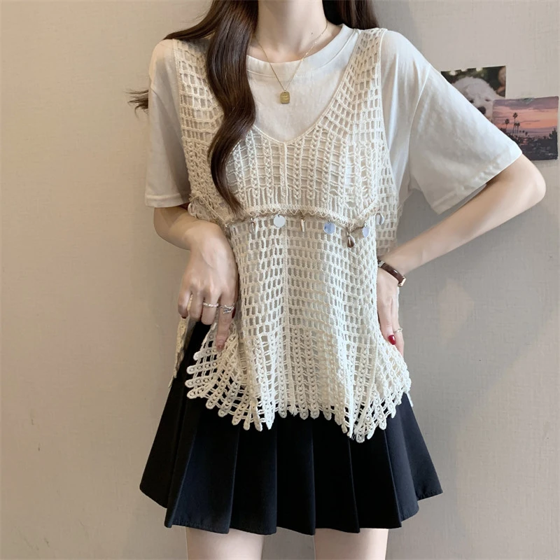 大码胖mm流苏亮片镂空刺绣马甲纯色正肩简约宽松T恤上衣套装女夏