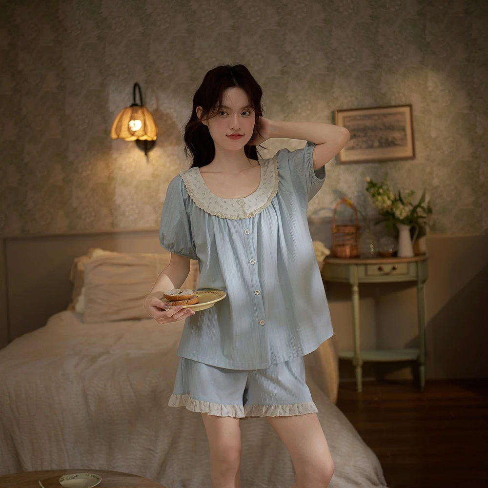 巴韦那奇睡衣女款夏季纯棉短袖圆领开衫韩系碎花宽松夏天家居服