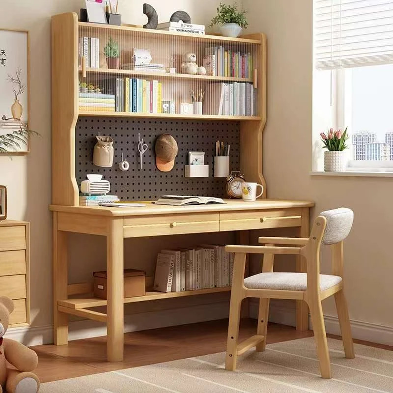 实木洞洞板高书架实木书桌台式升降调节储藏写字台拆装书架带门