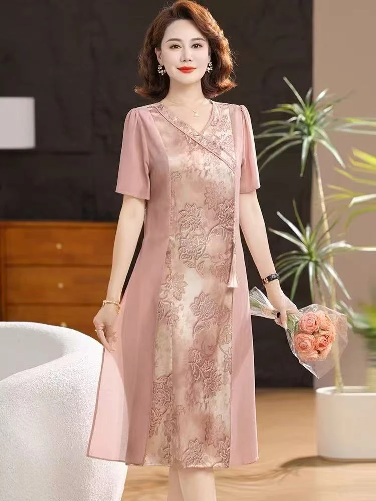 F375  （阿芝）端庄大气连衣裙2025新款中老年女夏装雪纺裙子新中式