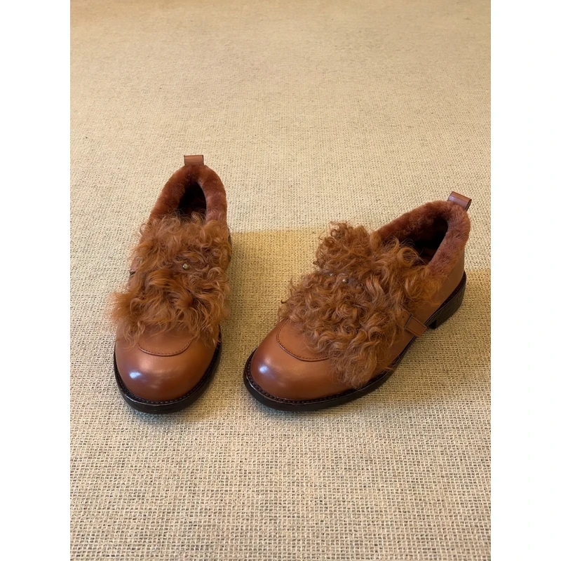 nnmiss/2.5cm复古圆头羊羔毛乐福鞋女英伦风皮带扣一脚蹬毛毛鞋