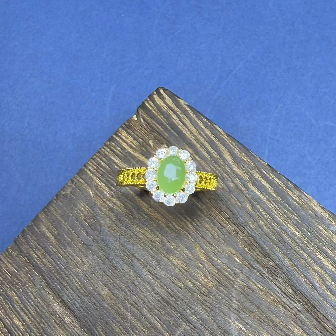 高定珠宝和田玉碧玉蛋面戒指-a502合金