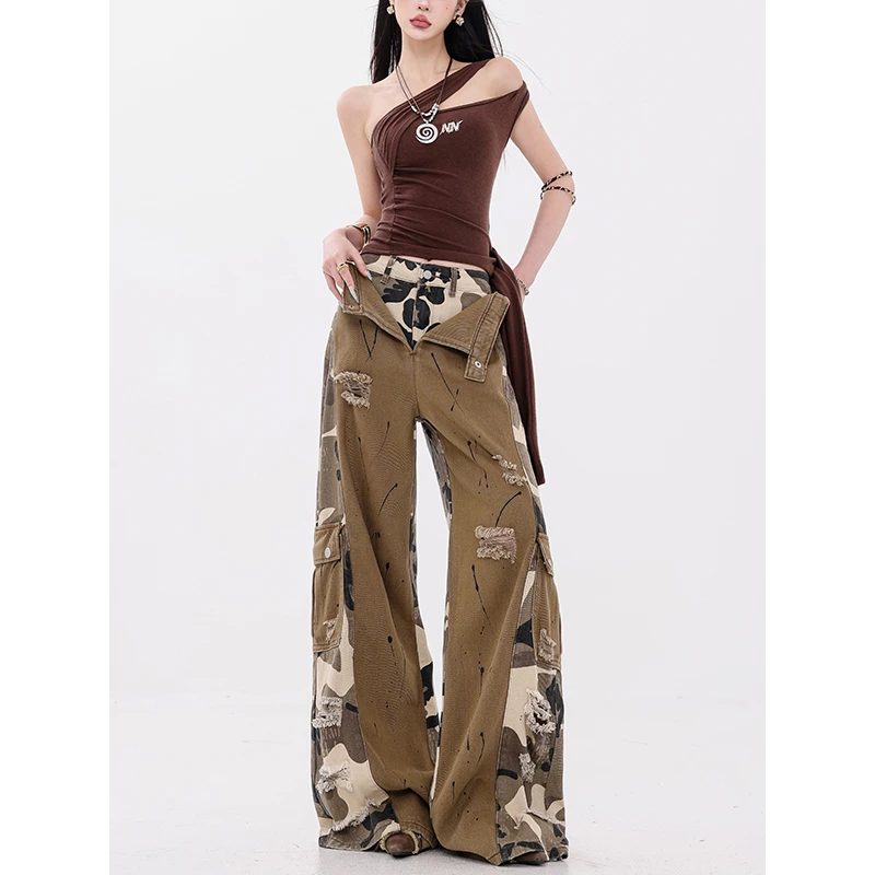 ABWEAR 第五街区-原创迷彩拼接工装牛仔裤女假两件阔腿拖地长裤