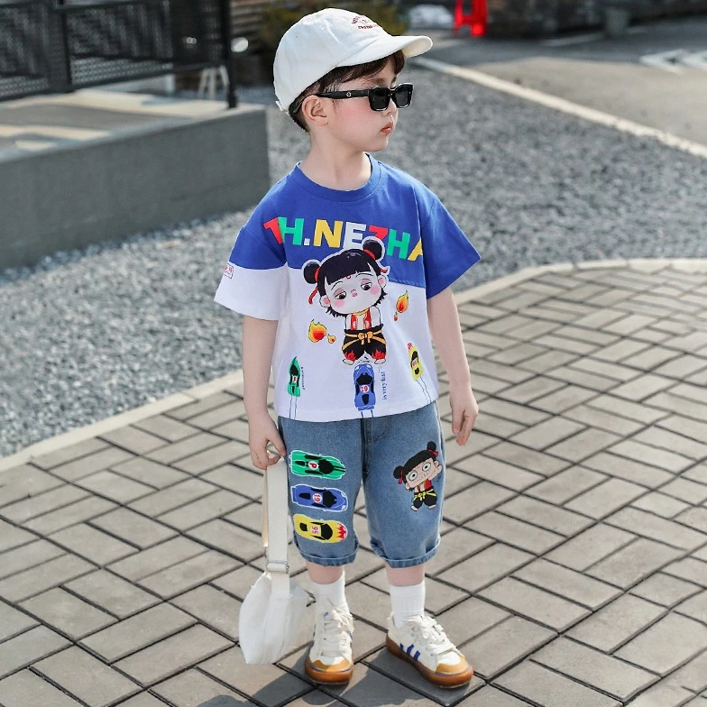 国风潮酷帅气中小童哪吒童装薄款休闲两件套夏季男童短袖t恤套装