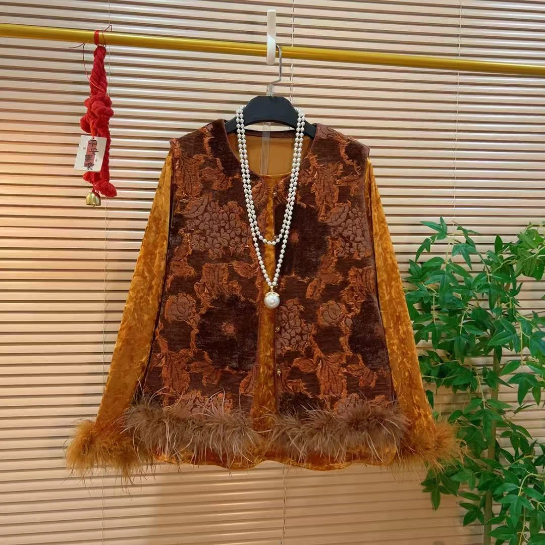 优雅静奢鸵鸟毛加棉马甲+打底衫胖YY2025秋冬新款新中式国风套装