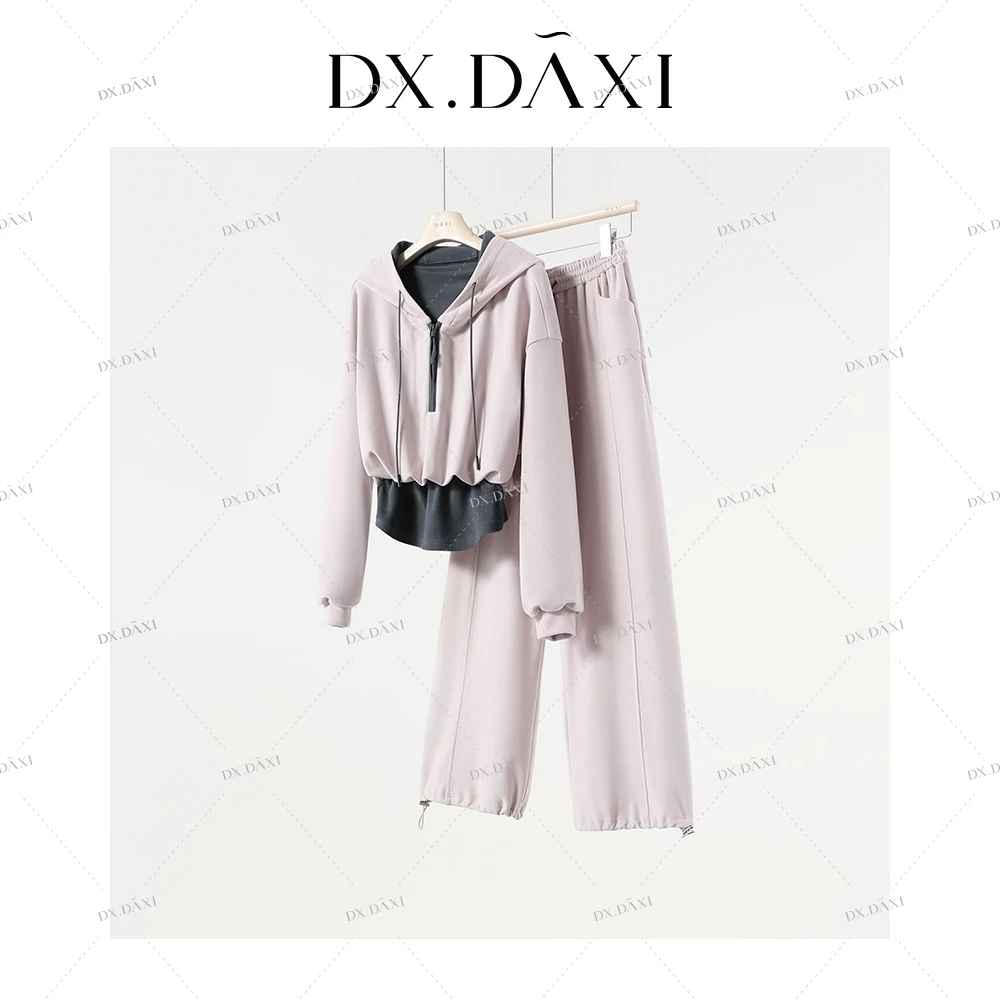 代大喜【100次心动】半拉链短款连帽卫衣高腰休闲裤套装百搭两件套