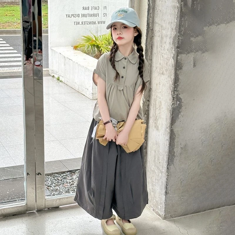 女童夏季短袖套装2025新款洋气阔腿裤夏装棉布百搭两件套CSC2157