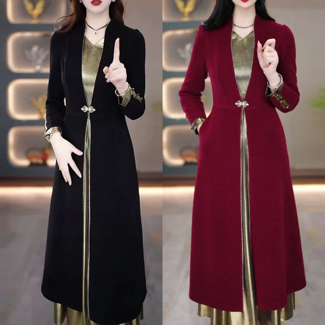 【衣雅严选】8089-1386气质显瘦锦棉罗马拼接丝光缎假两件连衣裙