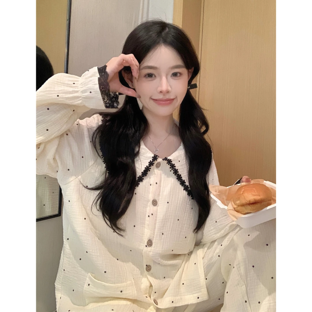 韩系可爱波点花边娃娃领睡衣女春秋季纯棉纱布长袖长裤家居服套装