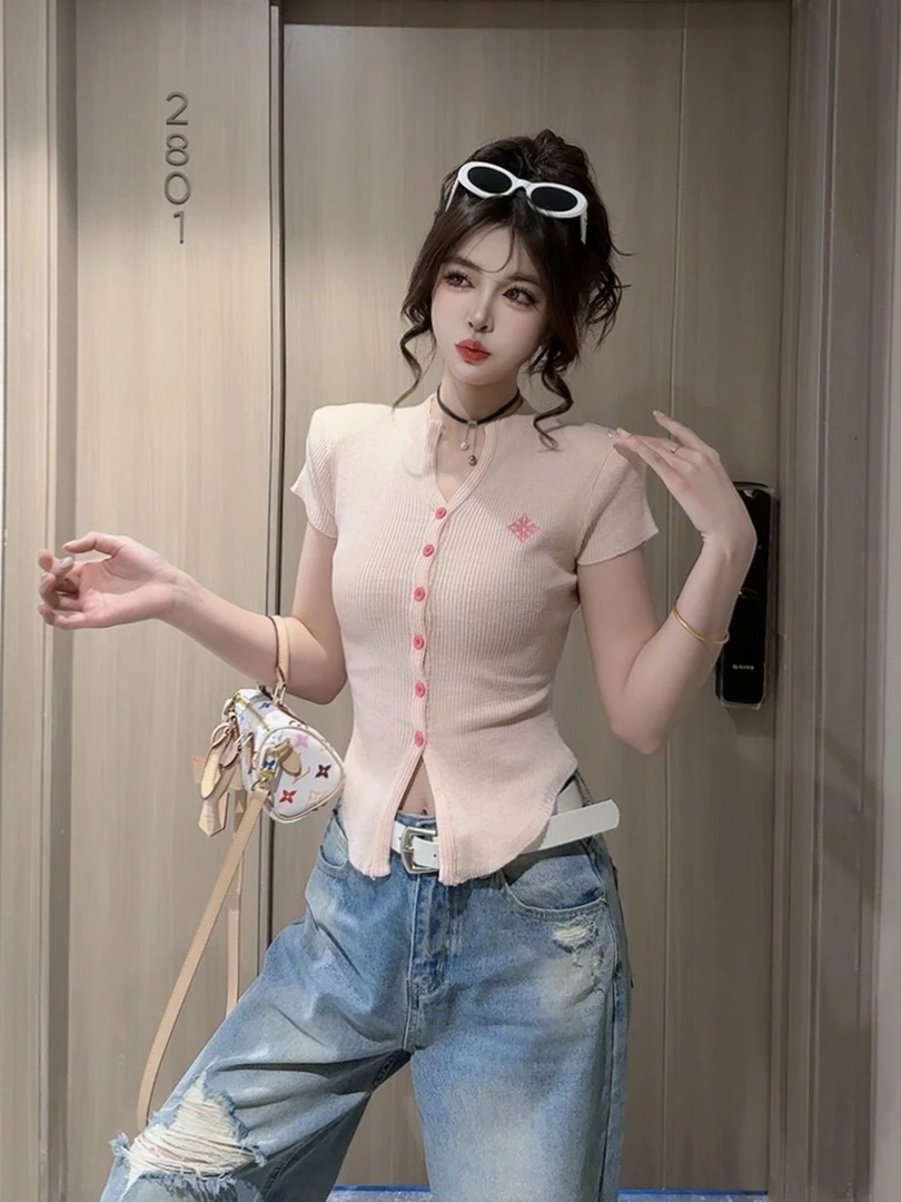 【CCDZ】夏季新品韩系百搭显瘦小众单排扣针织上衣女