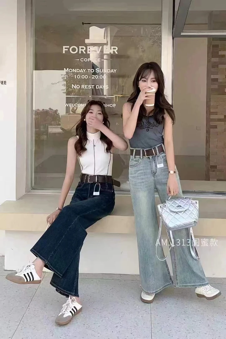 高级感洗水色复古高腰直筒牛仔阔腿裤 春季高腰微喇叭拖地休闲裤