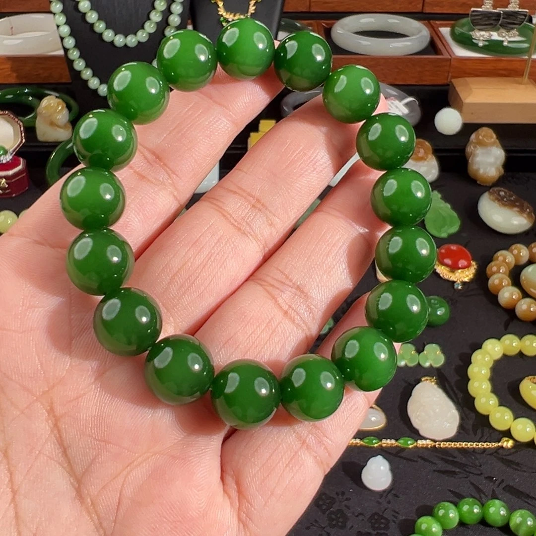 未镶嵌手串和田玉（碧玉）老料碧玉帝绿荧光猫眼手串12mm