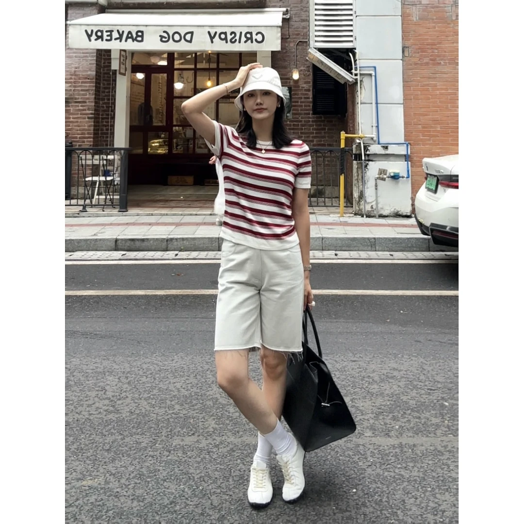 REALNEEI【白杏短裤】休闲天丝棉直筒裤脚磨损洗水牛仔短裤21753