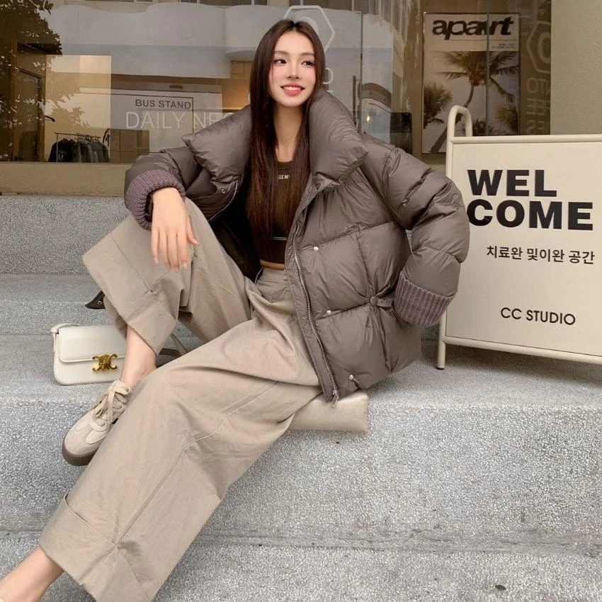 ANYUMO/安妤茉8819白鸭绒拼接针织袖短款羽绒服保暖时尚高级女