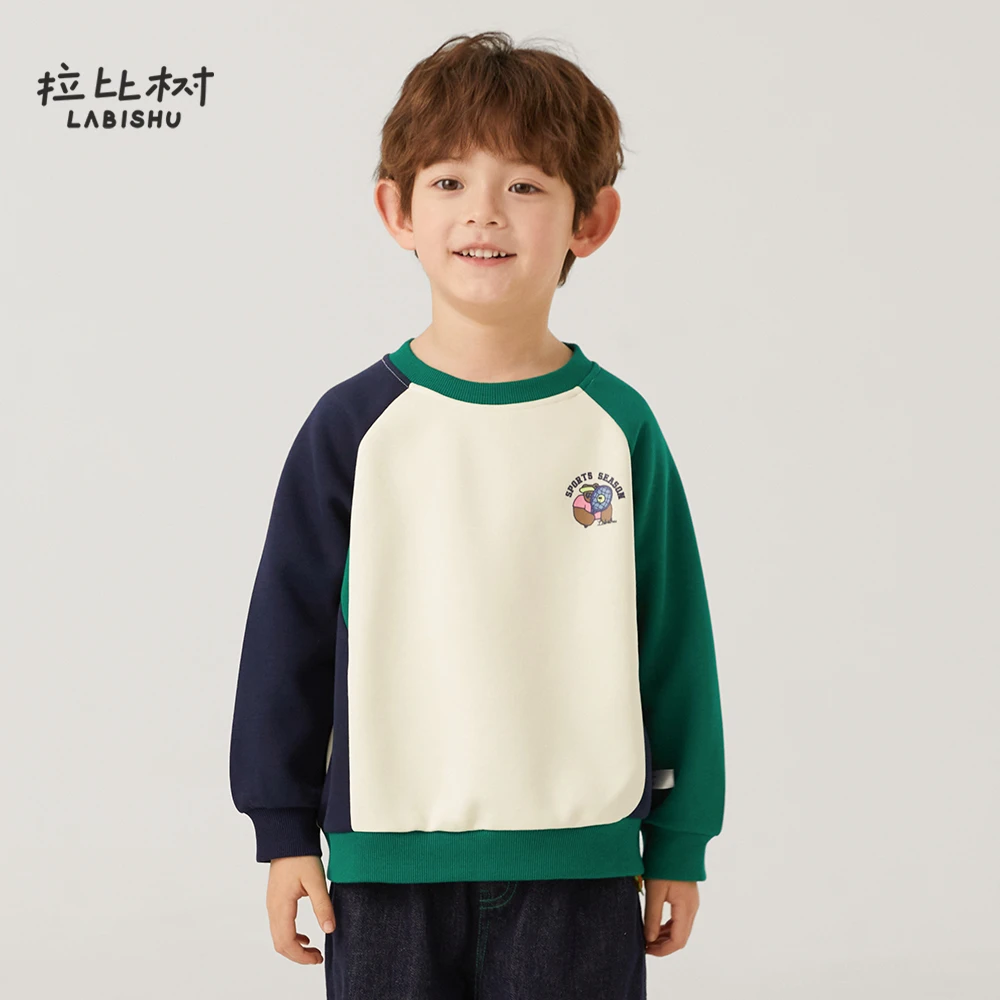 拉比树2025春季新款男童卡通印花卫衣网球小熊拼接卫衣百搭长袖