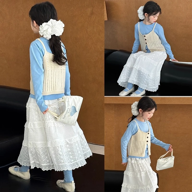 女童秋季少女风套装2025新款女孩洋气马甲打底衫儿童超好看半身裙