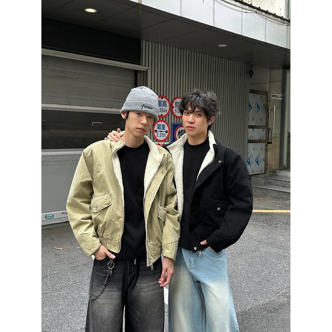 Faxims Store 美式复古做旧羊羔毛棉衣男女潮牌棉服夹克短款外套