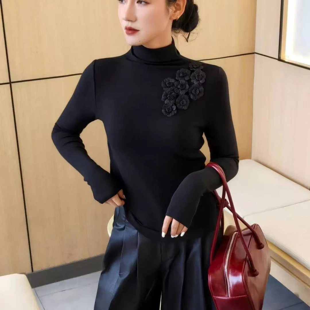 【蛋白绒】亲肤保暖自发热百搭修身显瘦立体花朵长袖打底衫女T恤