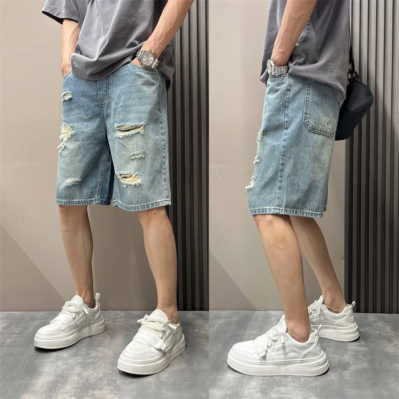 美式水洗破洞牛仔短裤男夏季新款痞帅潮流做旧复古显瘦五分短裤