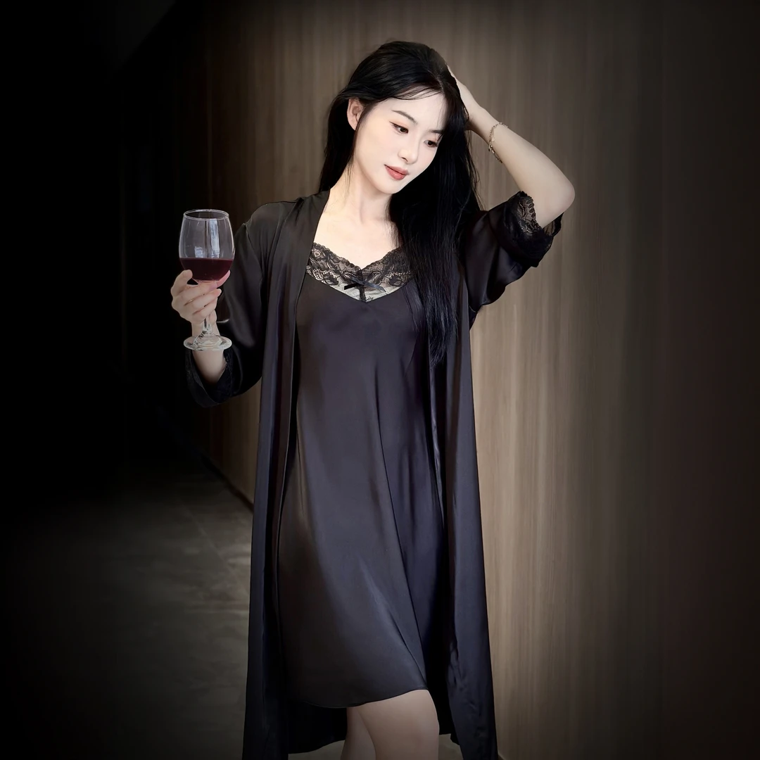 长袖夏季常规简约风透气睡裙家居服连衣裙吊带裙蕾丝月子服夏季