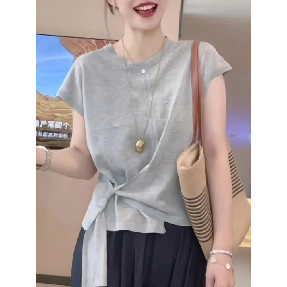 2025年夏季新款圆领短袖t恤女生休闲百搭别致显瘦不规则设计上衣