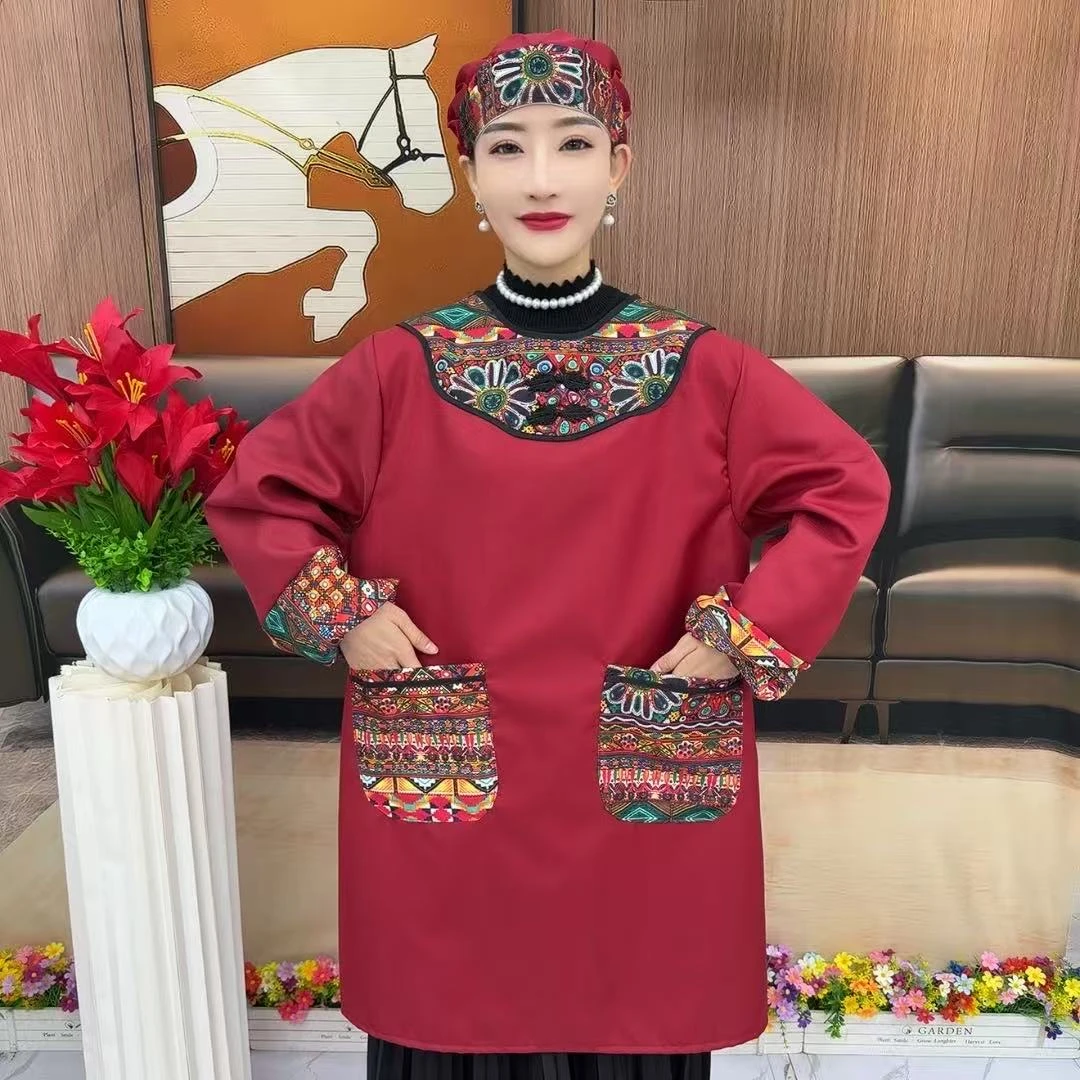 （优质版）盘扣长袖围裙厨房做饭家用围腰餐饮工作服中古风