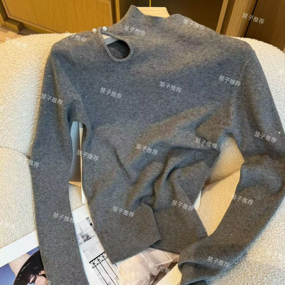 慧子推荐SW1268冬季设计感重工亮钻镂空打底针织衫