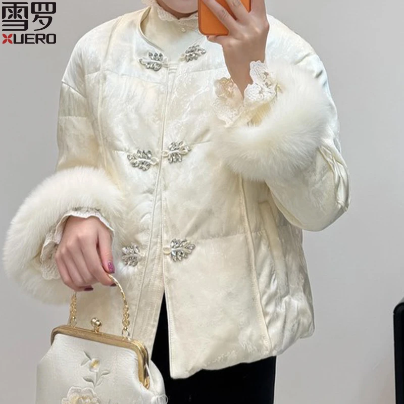 年轻妈妈【白月光 · 羽绒服】冬季新中式国风单排真狐狸毛90羽绒服