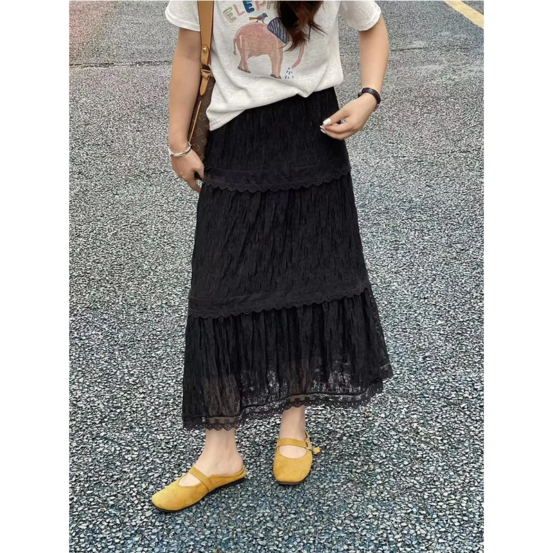 WenWen小个子韩系洋气穿搭蕾丝显瘦半身裙高腰时尚拼接裙子3816