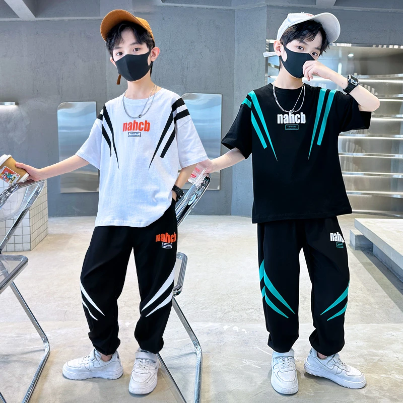 男童中大童夏季新款双条印花儿童夏季时尚潮短袖长裤夏款洋气套装