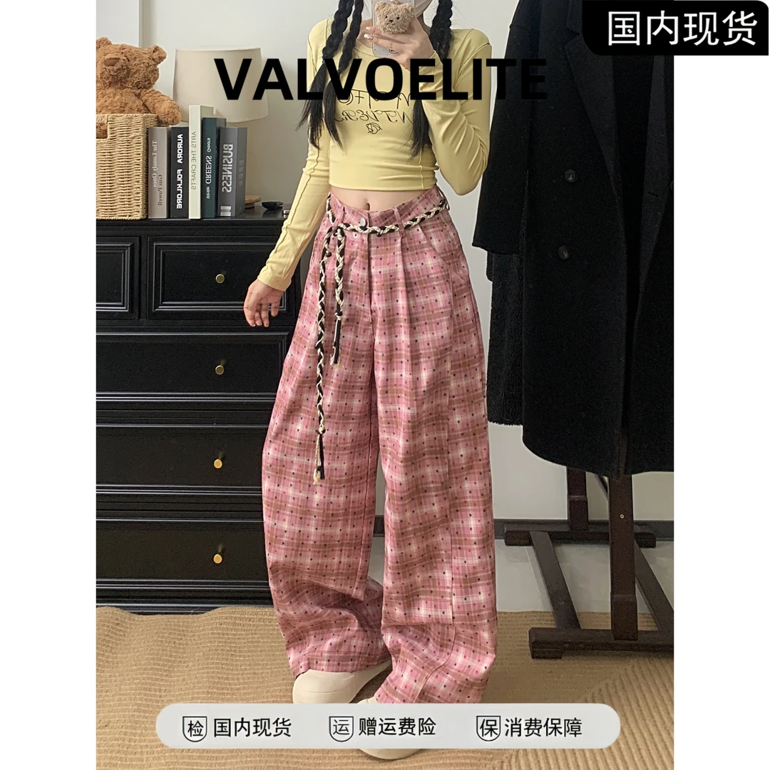 2025星星编织腰绳格子裤女秋季慵懒宽松阔腿垂感直筒休闲裤子