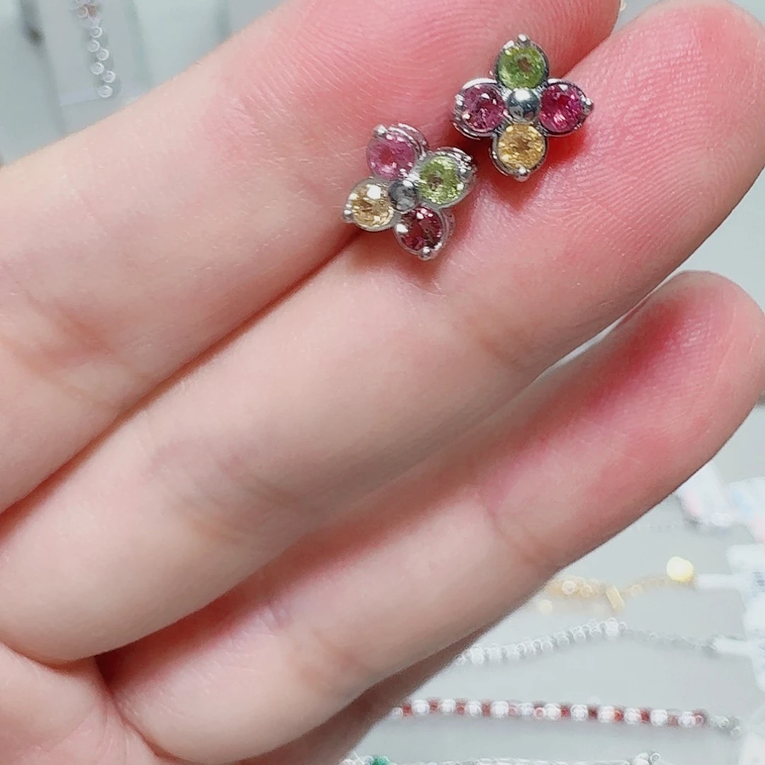 碧玺耳饰银S925镶嵌耳钉